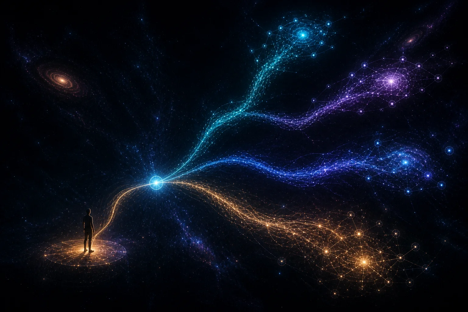 One human question branching into several luminous paths