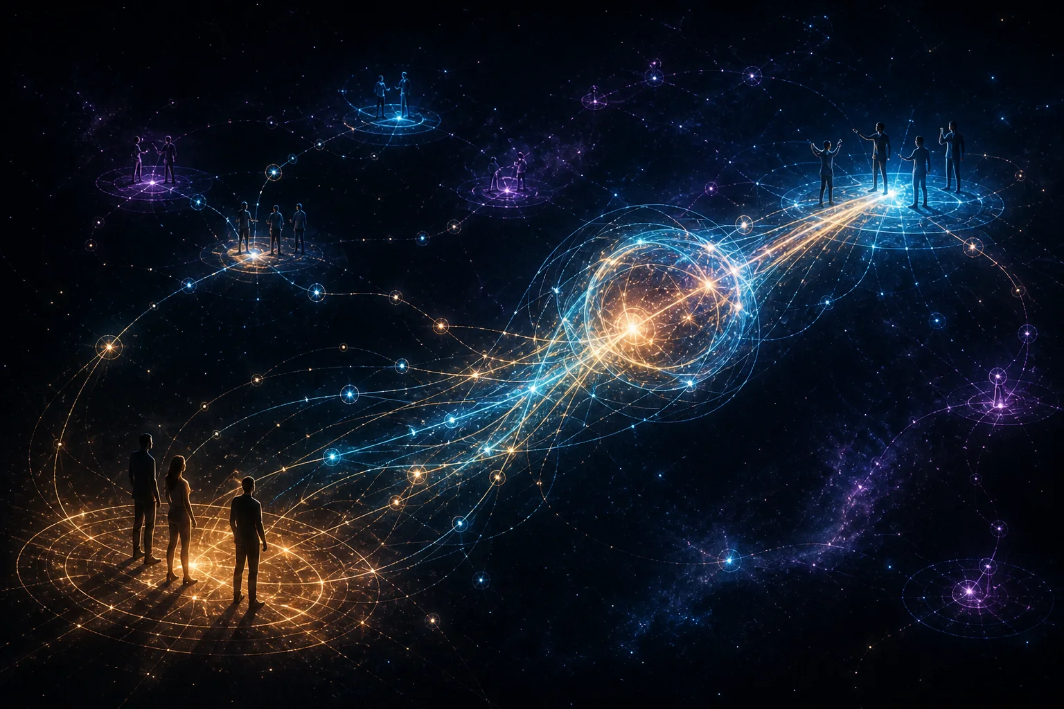 A warm human thread carrying knowledge between luminous constellations