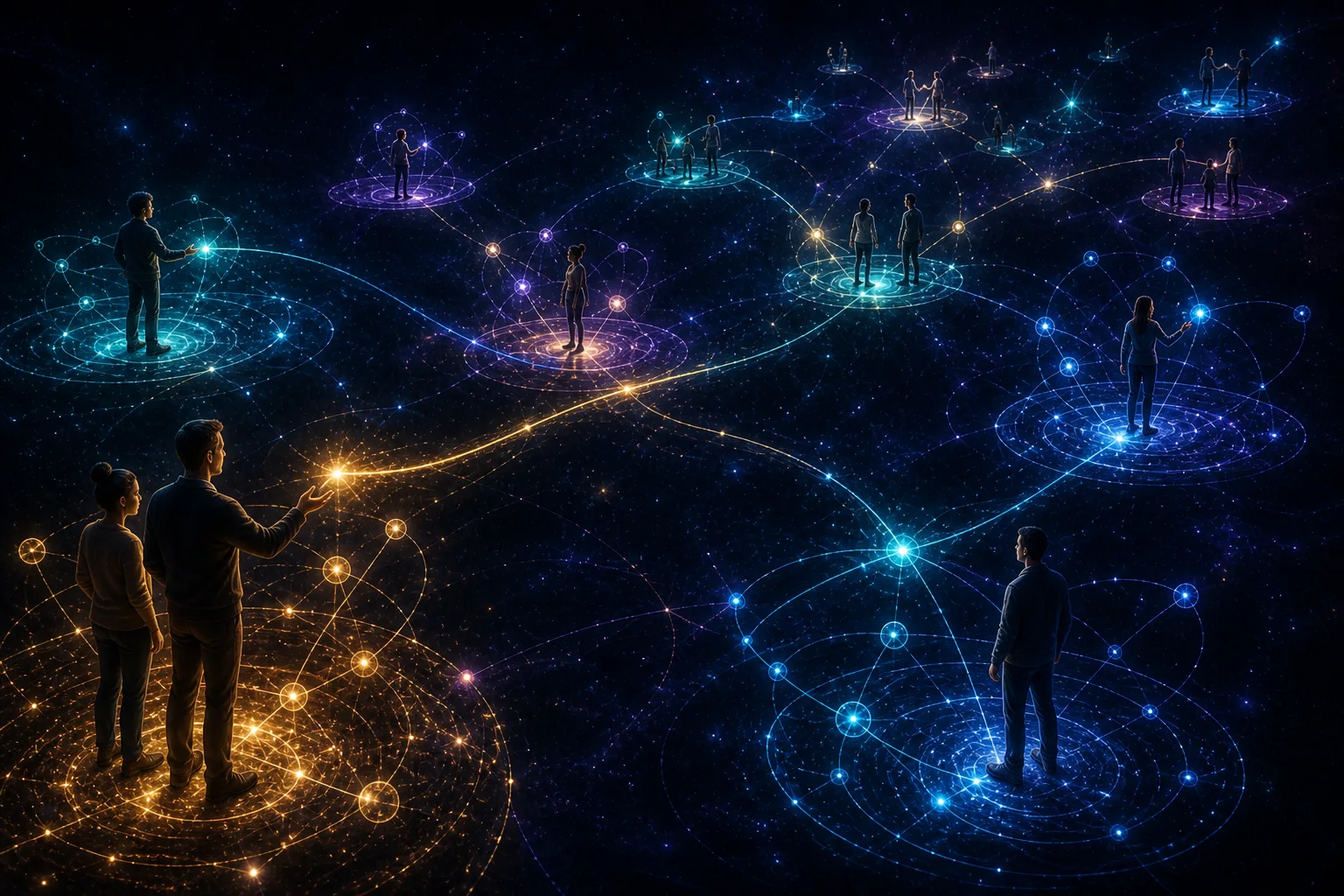 Distinct inhabitants connected across an open shared topology