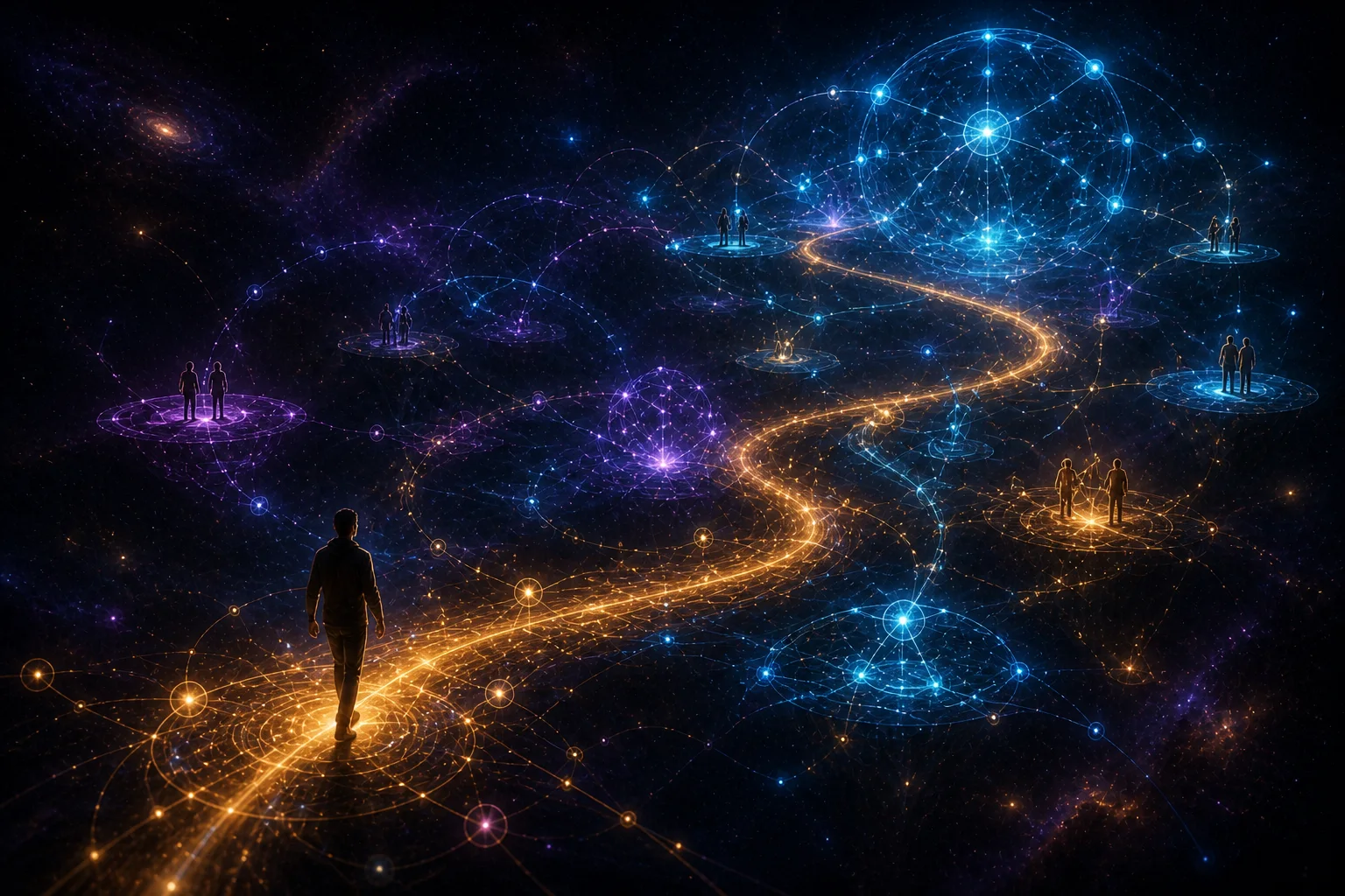 A human path returning through luminous regions across time