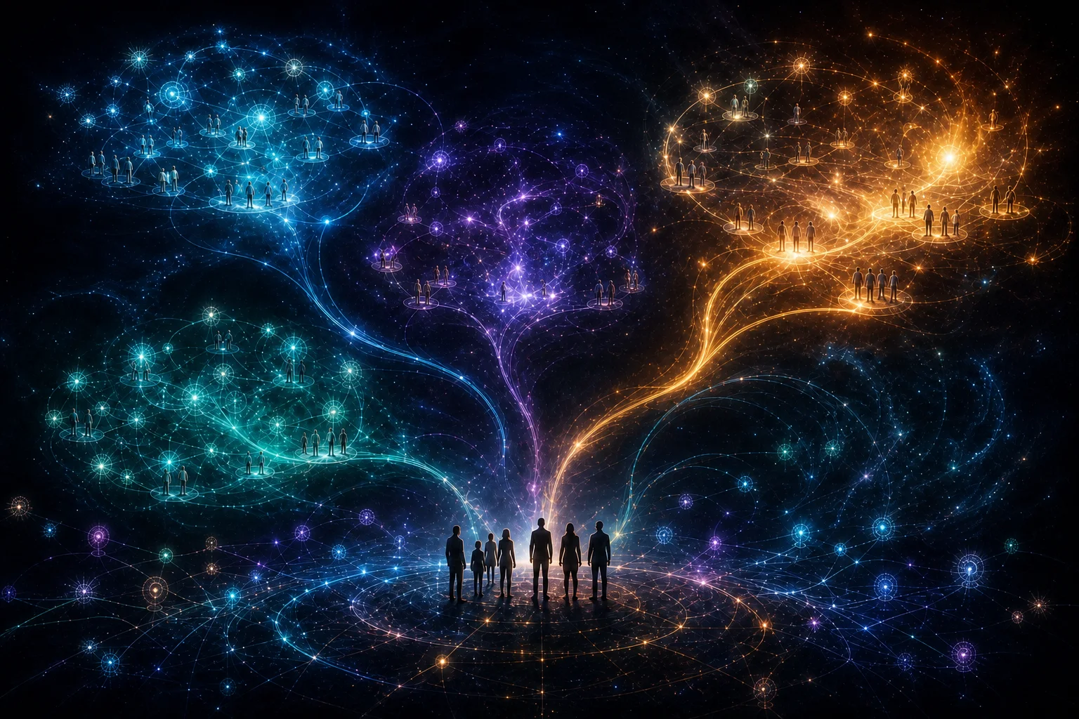 Human outcomes branching into several luminous worlds at dawn